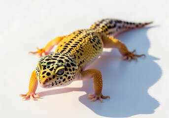 Obraz premium A leopard gecko with yellow and black spots standing on a white surface in bright sunlight