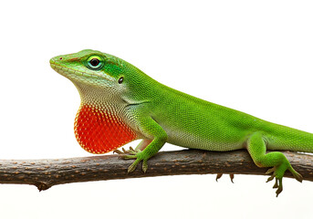 Fototapeta premium A green anole lizard perched on a branch displaying its vibrant red dewlap against a white background