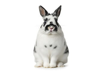 Obraz premium A white rabbit with black spots sitting upright on a white background looking at the camera directly