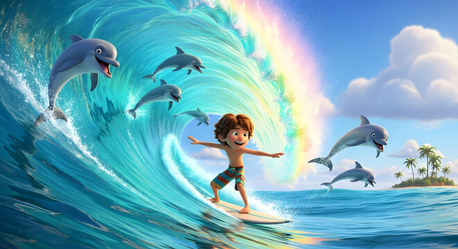 Cartoon style digital artwork featuring a young boy surfing on a massive wave surrounded by playful dolphins under a vibrant rainbow against a backdrop of tropical island paradise