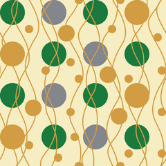 Seamless geometric  pattern with green, grey and gold circles of different size and lines on yellow background. Could be used as wallpaper, texture, print, fabric. 