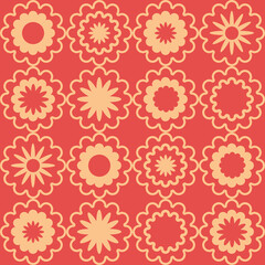 Seamless geometric pattern with yellow circles and flowers on red background in vintage colors. Could be used as wallpaper, print, texture, fabric.
