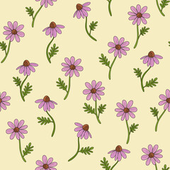Seamless floral pattern with echinacea on yellow background. Herbal theme, pink coneflowers with green leaves. Could be used as wallpaper, print, texture, fabric. 