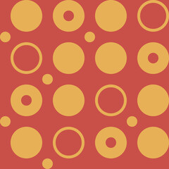 Seamless geometric pattern with yellow circles on red background in vintage colors. Could be used as wallpaper, print, texture, fabric.