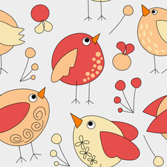 Seamless pattern with birds and flowers in bright red and yellow colors on white background. Cartoon hand drawn birds could be used as wallpaper, texture, print, fabric. 