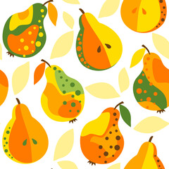 Seamless nature pattern with colorful pears, yellow, green and orange fruits on white background with yellow leave and seeds. Could be used as wallpaper, texture, print, fabric.