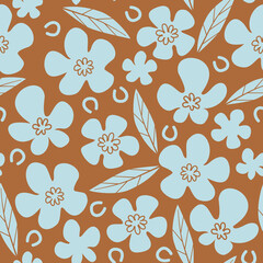 Seamless floral pattern with blue flowers and leaves on brown background. Could be used as wallpaper, print, texture, fabric.