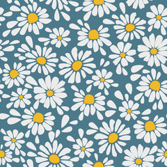 Seamless floral pattern with camomiles and white petals on blue background. Could be used as wallpaper, texture, print, fabric. 