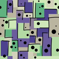 Seamless geometric pattern with rectangles, black outlines and circles. Green, violet, brown shapes with hand drawn lines and dots. Could be used as wallpaper, texture, print, fabric. 