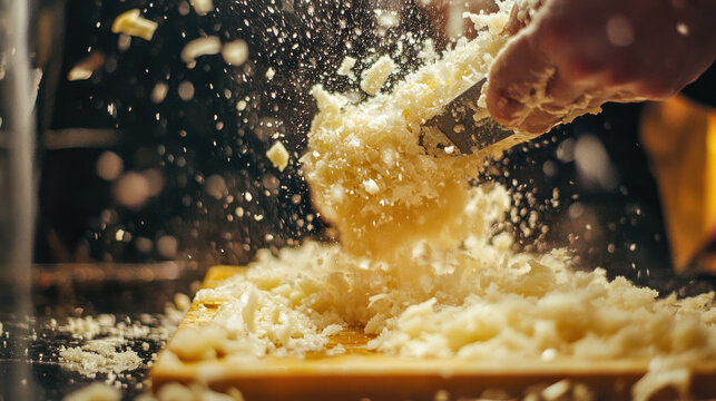 A creative shot of mava being grated for preparation