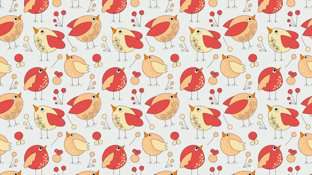 Seamless pattern with birds and flowers in bright red and yellow colors on white background.Cartoon hand drawn birds could be used as video wallpaper or background for any content, loops continuously.