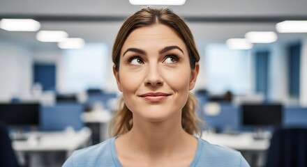 Fototapeta premium Thoughtful Woman in Modern Office Setting CloseUp Portrait.