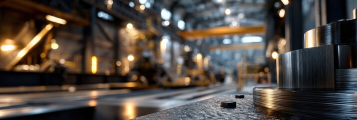 A factory with a lot of machinery and a large piece of metal with a hole in it