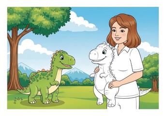 Fototapeta premium Illustration of a woman with dinosaurs against a background of nature