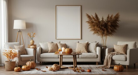 Autumn decor interior home living room mockup frame pumpkin fall cozy thanksgiving seasonal decoration sofa furniture halloween holiday orange warm farmhouse