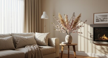 Livingroom interior design home furniture sofa decor style cozy background house room fireplace lamp flower plant table apartment window