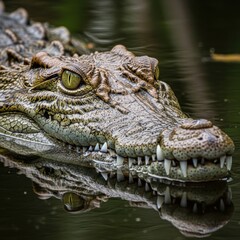 Obraz premium Captivating portrait of a crocodile peering out of the murky waters swamp