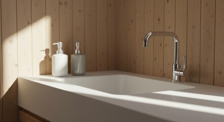 Bathroom sink faucet interior design minimalist modern wood wall light shadow home decor style water tap clean hygiene spa wellness