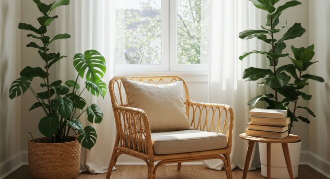 Interior design home living room chair rattan plant houseplant window light cozy corner book reading relaxation comfort decor style bohemian