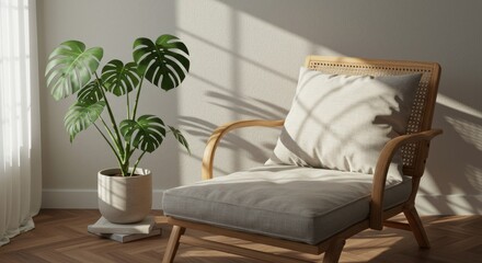 Interior design home living room chair wood cane furniture plant monstera houseplant light shadow sun decor style modern minimalist cozy