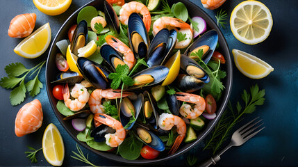 Fresh seafood salad, mussels, shrimp, fresh vegetables and herbs.