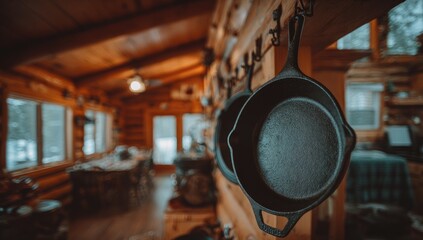 Rustic kitchen with hanging skillets