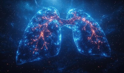 A digital representation of lungs, glowing with interconnected particles of blue and orange light, set against a dark background speckled with tiny lights