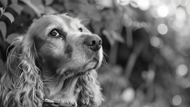 A charming cocker spaniel gazes into the distance with its head tilted slightly, possibly observing something of interest.