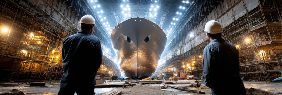Two men are standing in a large building, looking at a ship
