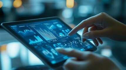 Close-up of hands interacting with a tablet displaying financial graphs and charts