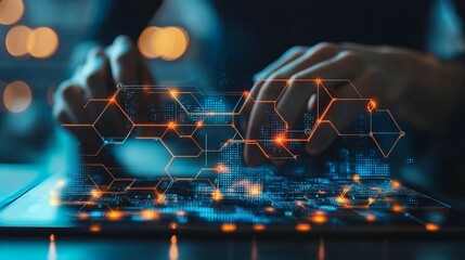 Close-up of hands interacting with digital circuit overlay on tablet