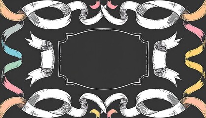 Decorative ribbons and a framed blank banner on a dark background.