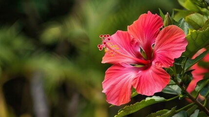 Vibrant hibiscus flowers in bright red and pink hues, with large, ruffled petals and yellow stamens, blooming in a sunny garden alongside green leaves, symbolizing tropical beauty and summer charm. Id