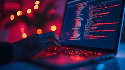 Close-up of hands typing on laptop with code displayed