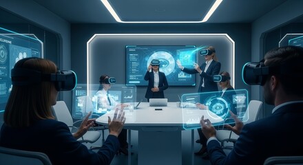 Virtual Reality Business Meeting in Futuristic Conference Room with VR Headsets