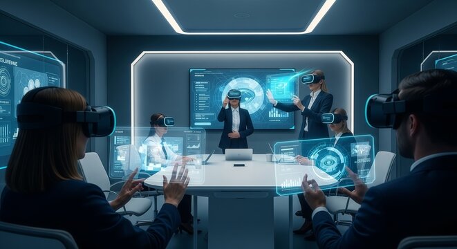 Virtual Reality Business Meeting in Futuristic Conference Room with VR Headsets
