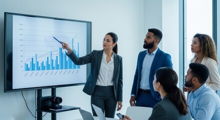 Business team analyzing graph on a large screen during a presentation