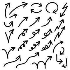 手描きのスムーズな黒いペンの矢印。シンプルで均一なシルエット。ベクター。背景透過