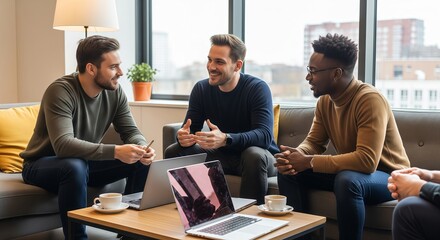 Diverse group of business colleagues collaborating and discussing ideas in an office setting