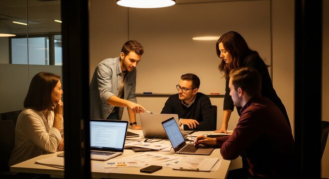 Team of professionals collaborating on a project in a modern office setting - Powered by Adobe