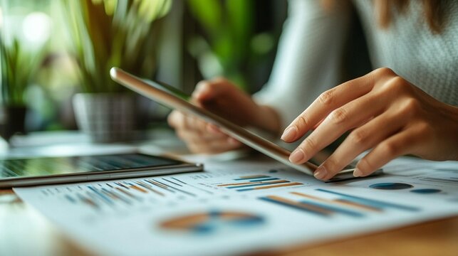 Close-up of hands using tablet, data charts on table