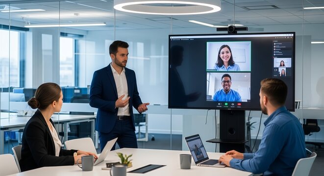 Business Team Having a Video Conference Meeting in Modern Office