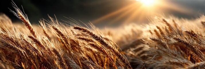 A field of golden wheat with the sun shining on it