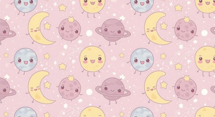 Cute cartoon planets and moons in a repeating pattern.