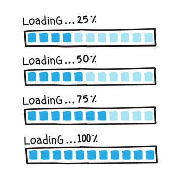 Hand drawn loading bar illustration in blue and white. Cartoon style progress bar with sketch design.