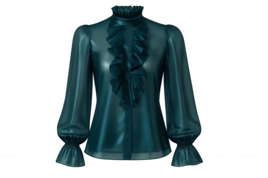 Stylish teal blouse featuring ruffles and long sleeves, isolated on a transparent background, perfect for fashion design projects