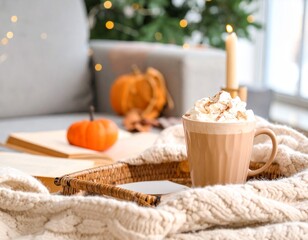 Cozy Autumn Drink with Whipped Cream and Cinnamon on a Tray with a Book and Pumpkin Decoration
