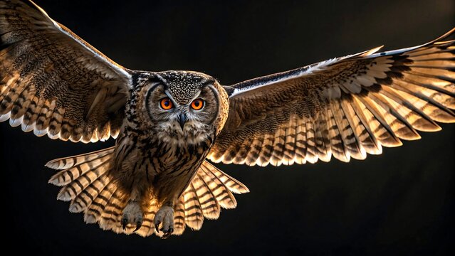 Majestic owl in flight with wings fully spread, detailed feathers and intense eyes, captured against a dark background in dramatic lighting