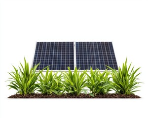 Fototapeta premium Solar panels mounted above a patch of vibrant green plants in a white background