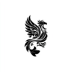 Ornate black griffin-like bird illustration with detailed wing and tail feathers design